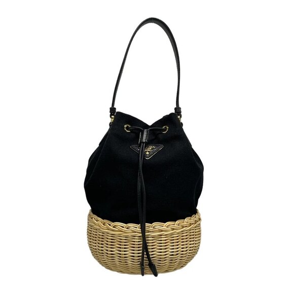 Auth PRADA - 1BH115 Black Beige Canvas Rattan Handbag - Picture 1 of 16